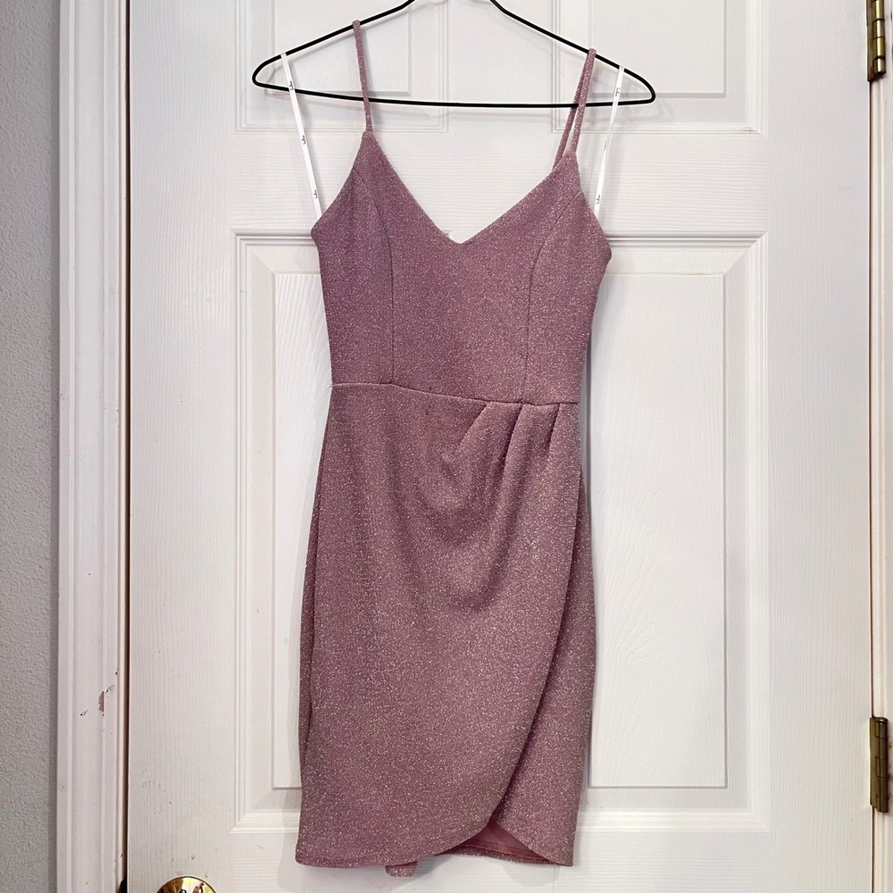 Lulus‎ Mauve Pink Metallic Shimmer Bodycon Dress V-Neck Tulip Hem XS